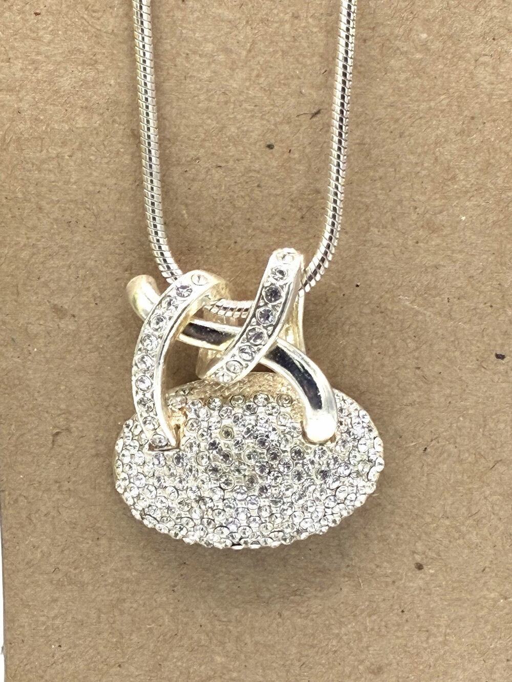 Rhinestone Purse Pendant Necklace 30” Silver Tone Handbag Fashion Jewelry